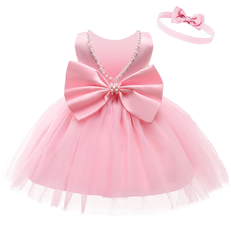 New Summer Girls' Princess Dress Baby Clothes Beaded Big Bow Birthday Party Evening Dress for 3 Month to 24 Month Baby Girls