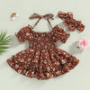 0-18 Months Baby Girl Clothes 2Pcs Summer Outfits Puff Sleeve Floral Print Halter Smocked Romper Dress with Headband Set