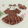 0-18 Months Baby Girl Clothes 2Pcs Summer Outfits Puff Sleeve Floral Print Halter Smocked Romper Dress with Headband Set