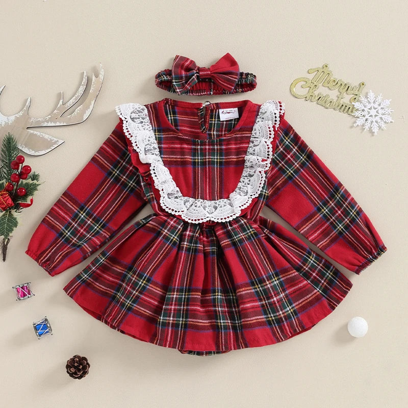 Baby Girls Rompers Dress Christmas Clothes Plaid Lace Trim Crew Neck Long Sleeve Toddler Bodysuits With Headband 0-24 Months